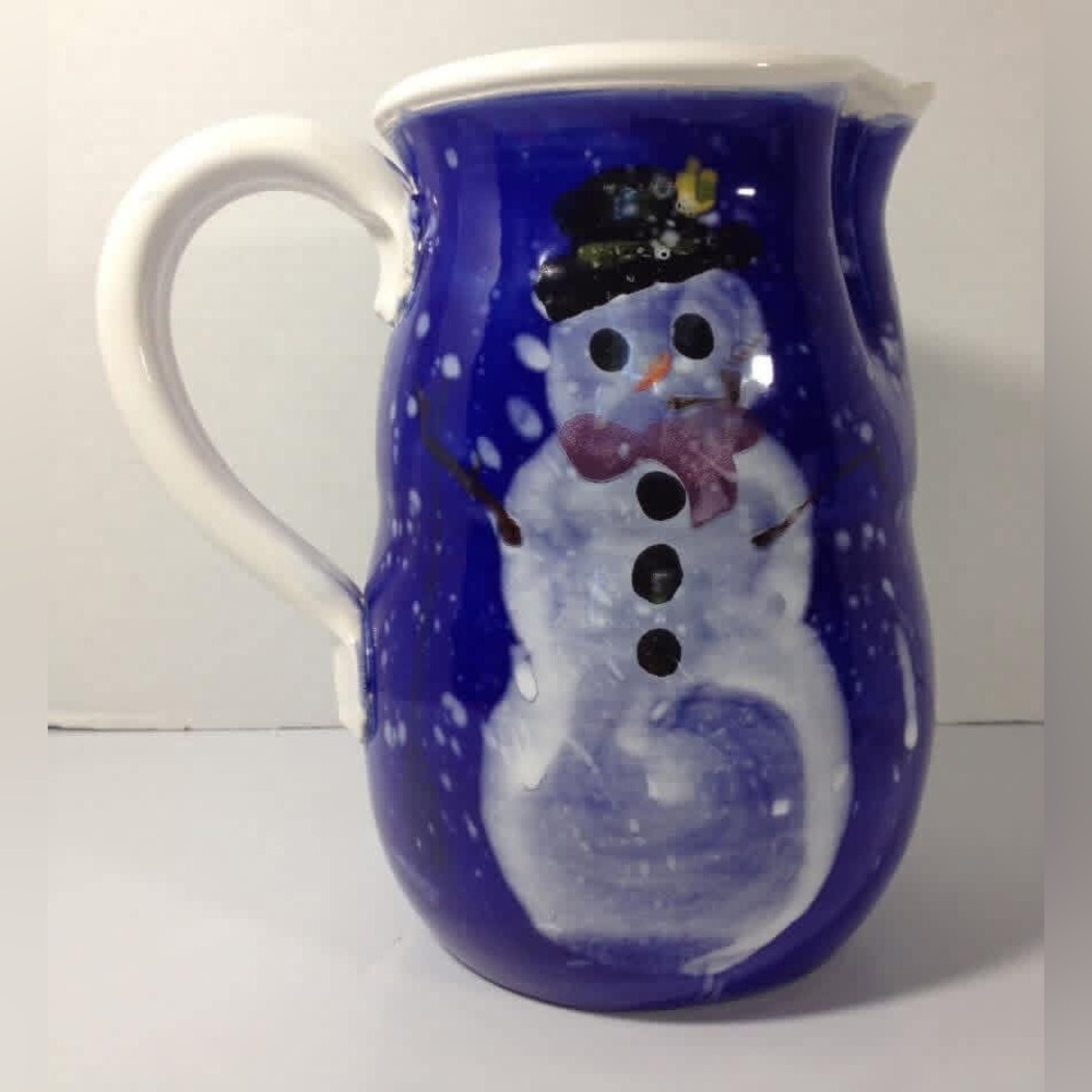 1457 VTG Cobalt Blue and White Snowman Pitcher with Snowman pinched Spout